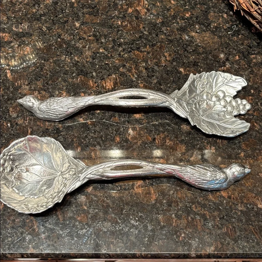 Vintage 1999 Arthur Court Aluminum Salad Serving Set ~ Spoon/Fork Bird Design